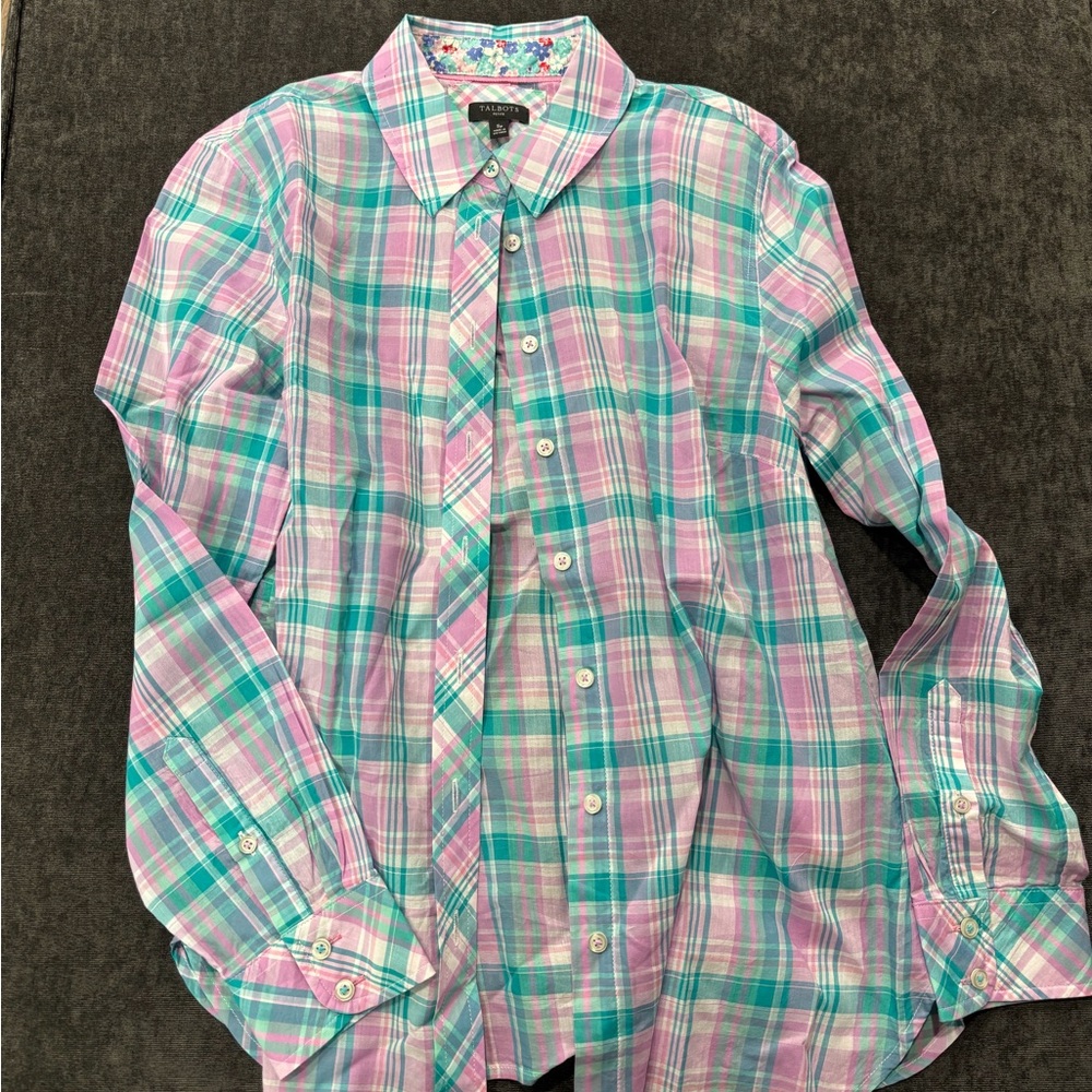 NWOT Talbots Pink & Teal Plaid Button-Up Shirt